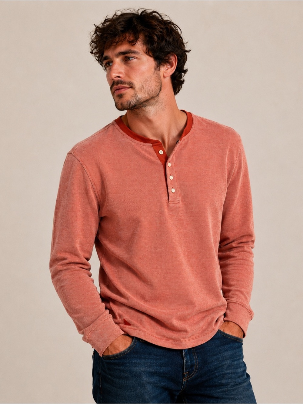 UNTUCKit Urey Heavyweight Henley Shirt Men’s M Orange Cotton Nylon Long Sleeve